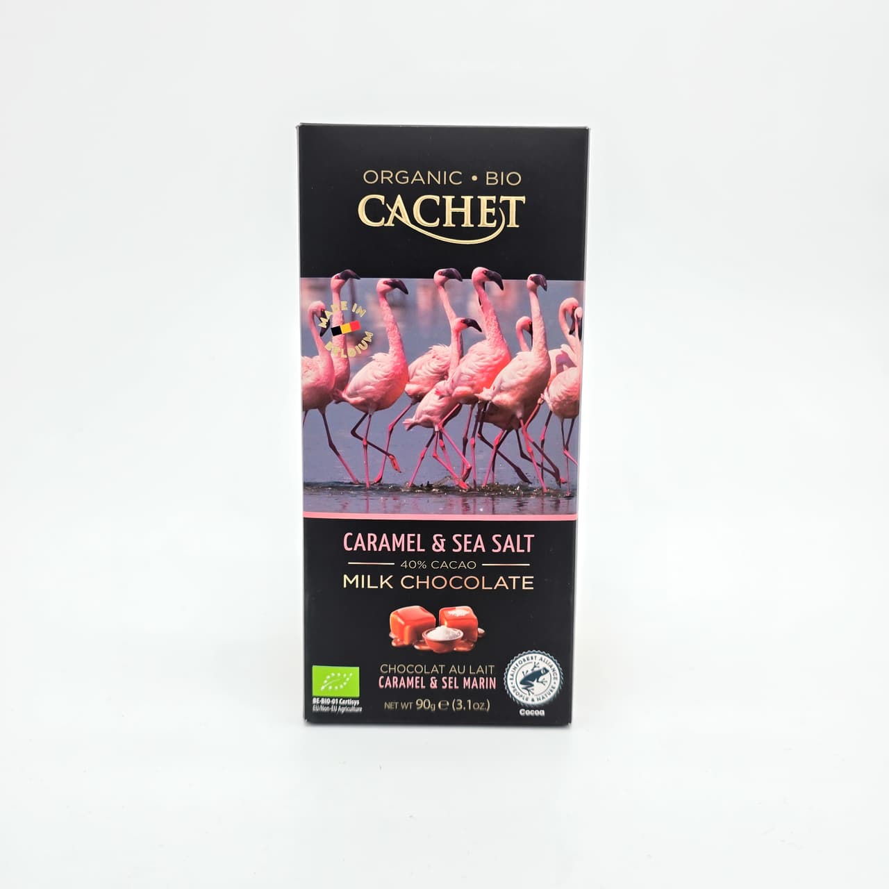 Ciocolata Organica Neagra 40% cu Caramel si Sare de mare CACHET 100g