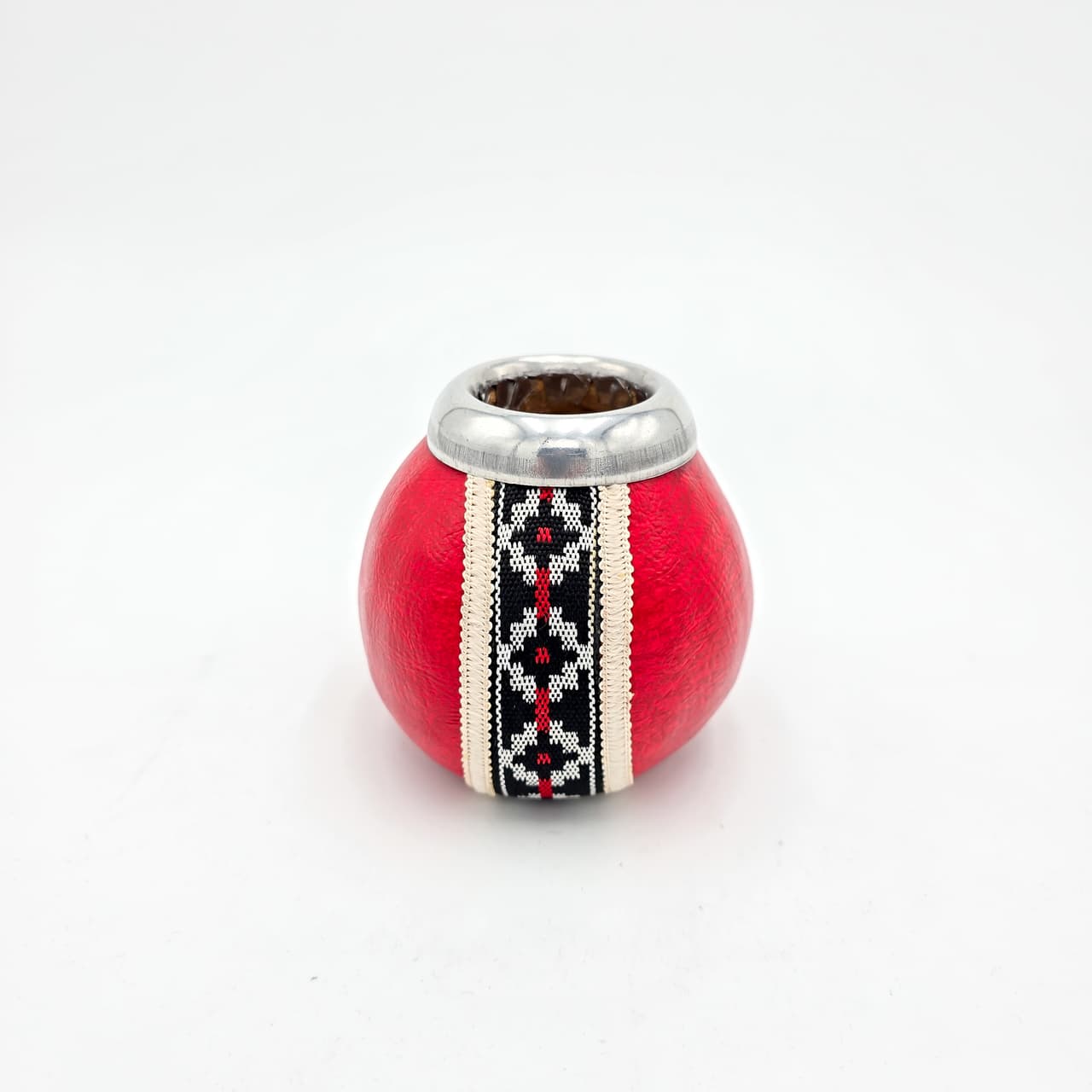 Calebasse imbracat in piele rosie cu inel de aluminiu